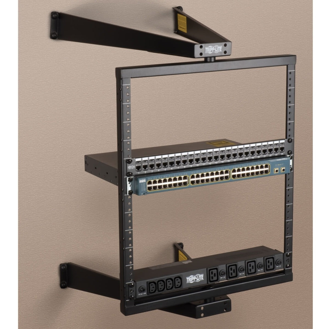 SRWO12US rack loaded with network switch and power distribution unit showing equipment compatibility-alternate-image3