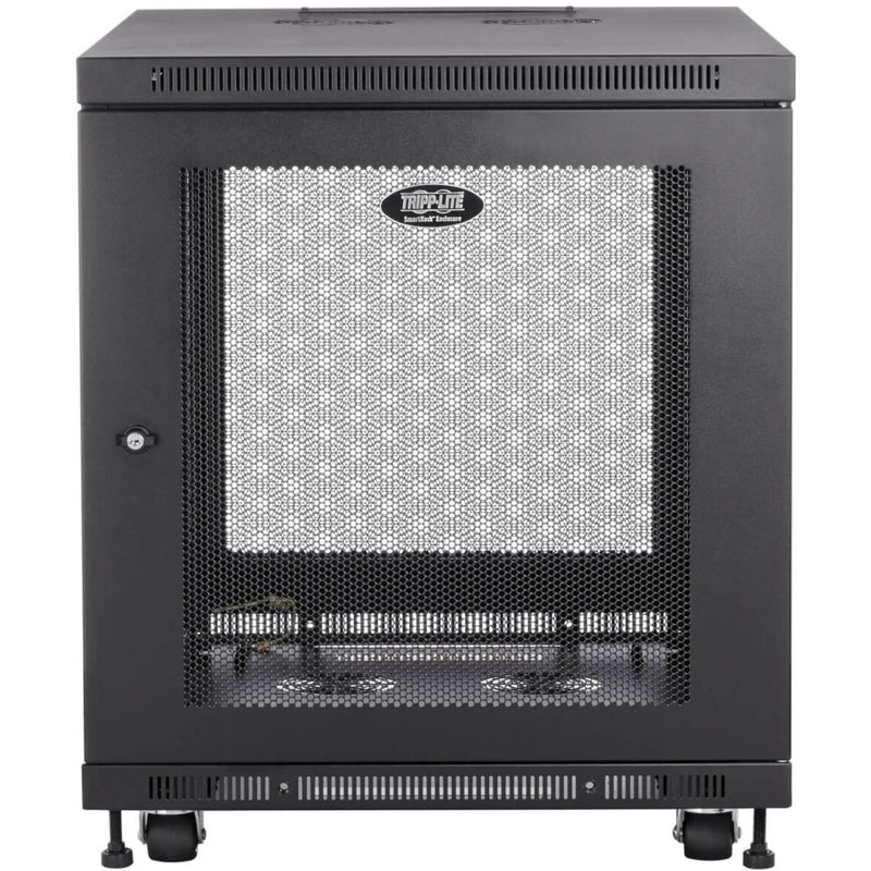 Front view of SR12UB rack cabinet showing secure mesh door and ventilation system