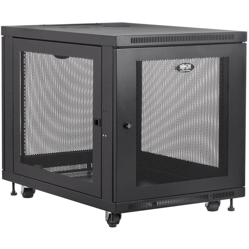 Side view of Tripp Lite SR12UB rack enclosure with mesh door and caster wheels