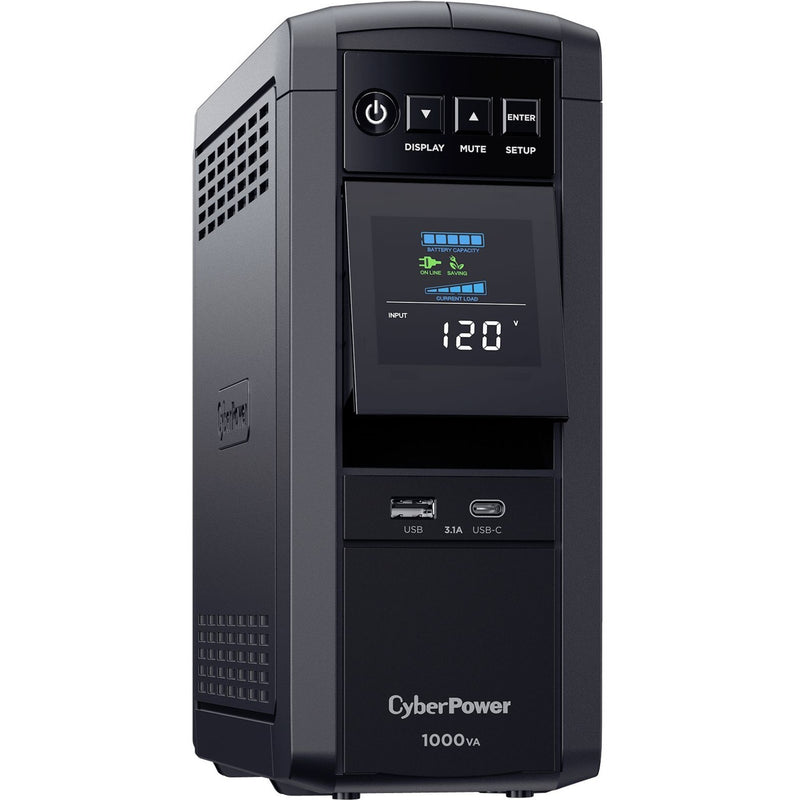 Side angle view of CyberPower CP1000PFCLCD UPS showing ventilation grilles and compact design