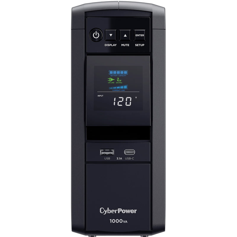 Front view of CyberPower CP1000PFCLCD UPS showing LCD display panel with power metrics and USB charging ports