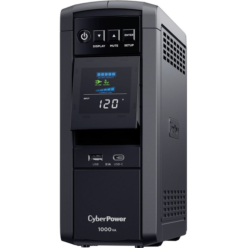 Angled view of CyberPower CP1000PFCLCD UPS highlighting LCD screen with energy saving indicators