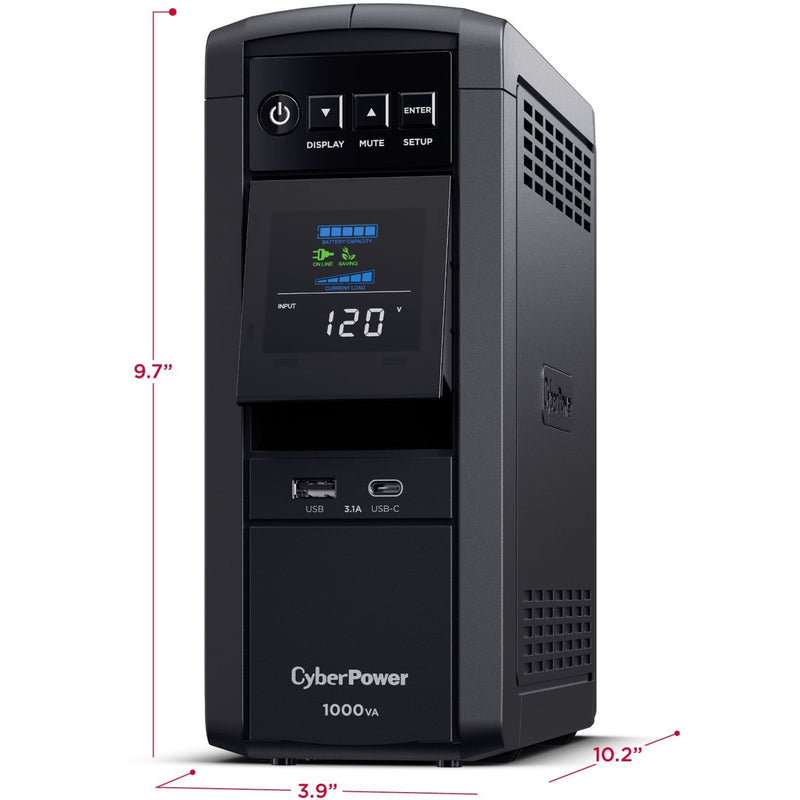 Dimensional view of CyberPower CP1000PFCLCD UPS showing size measurements