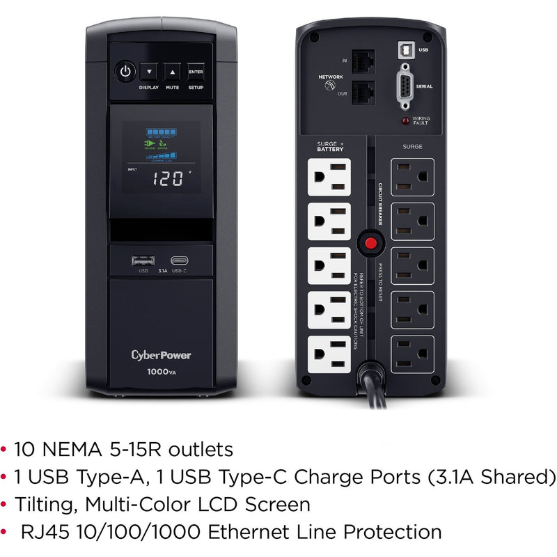 Front and back view of CyberPower CP1000PFCLCD UPS showing all ports and connections