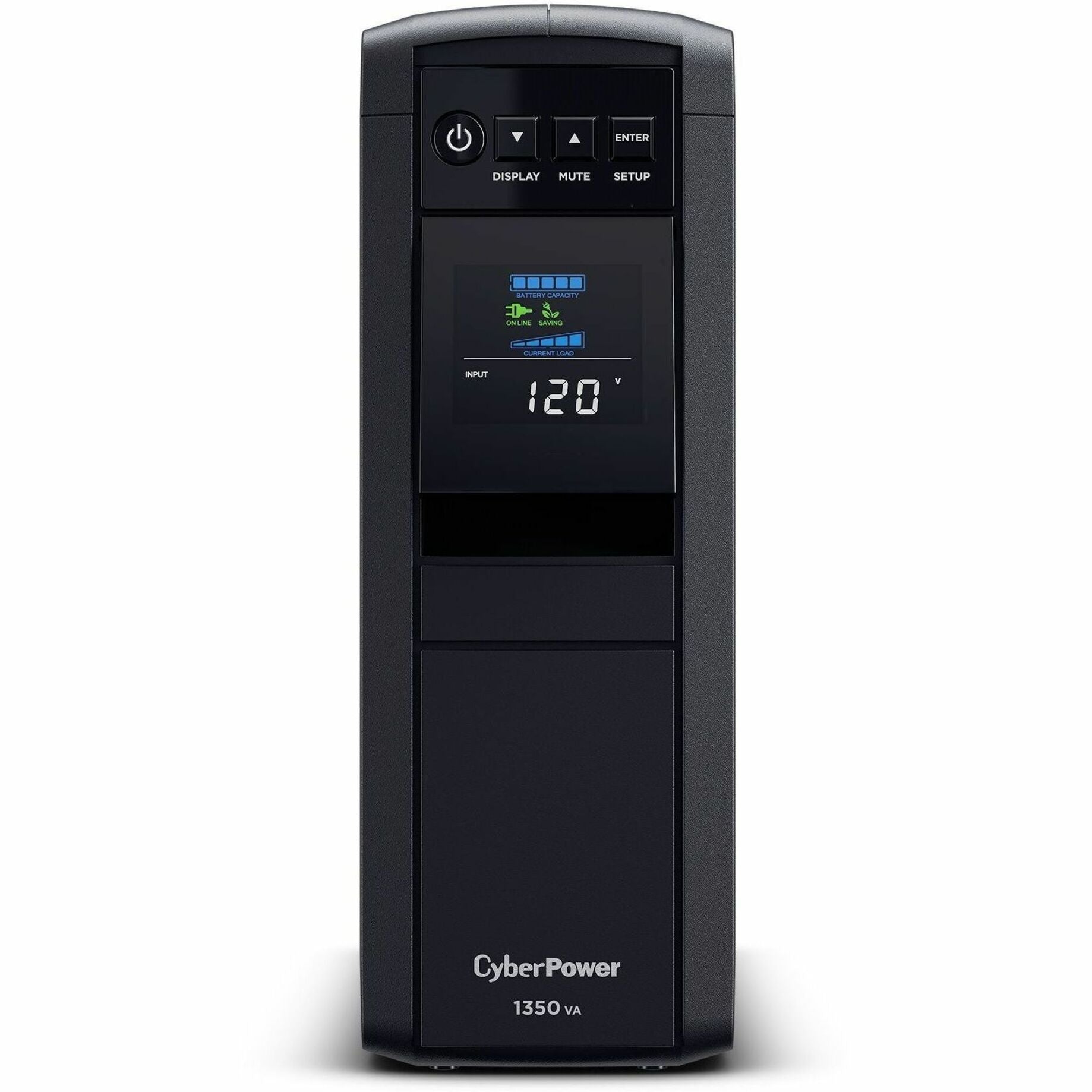 Front view of CyberPower CP1350PFCLCD UPS showing LCD display with power monitoring information-alternate-image1