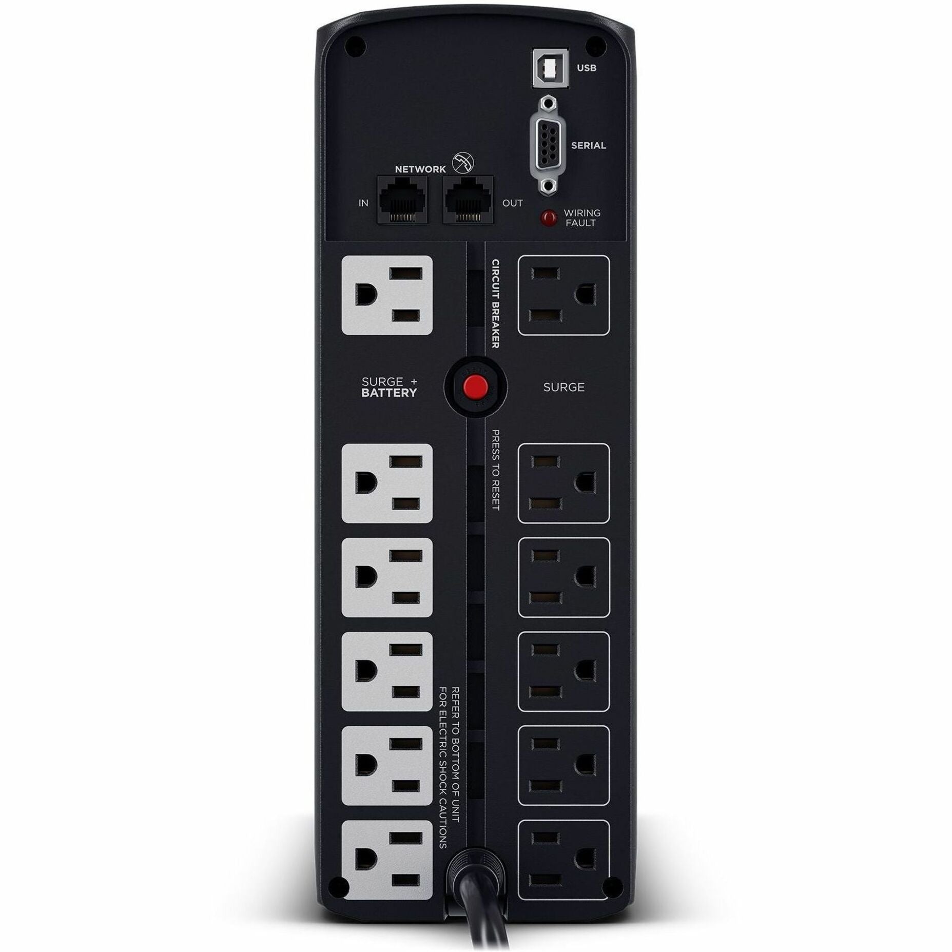 Rear view of CyberPower CP1350PFCLCD showing all outlets and connectivity ports-alternate-image4