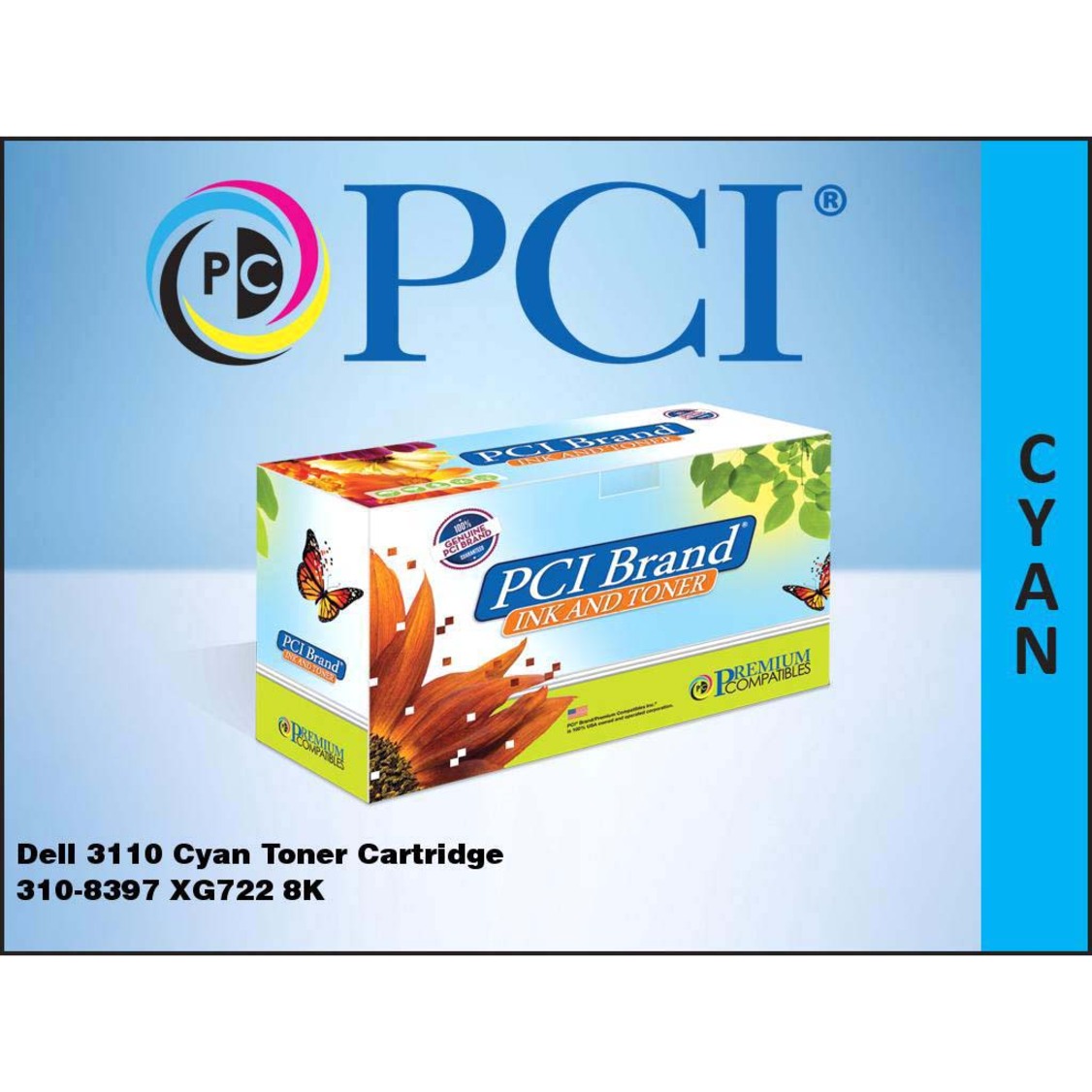 PCI Brand logo and Dell 3110 cyan toner cartridge product details with model number 310-8397 XG722 8K against blue gradient background-alternate-image2