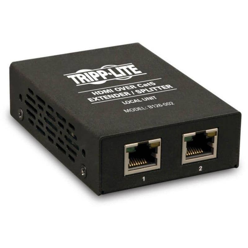 Front view of Tripp Lite B126-002 HDMI splitter showing two RJ-45 ports and ventilation slots