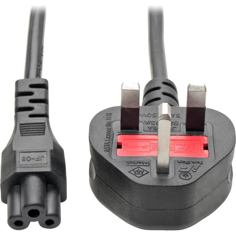 Close-up view of Tripp Lite P060-006 power cord showing C5 connector and BS-1363 UK plug ends with safety features