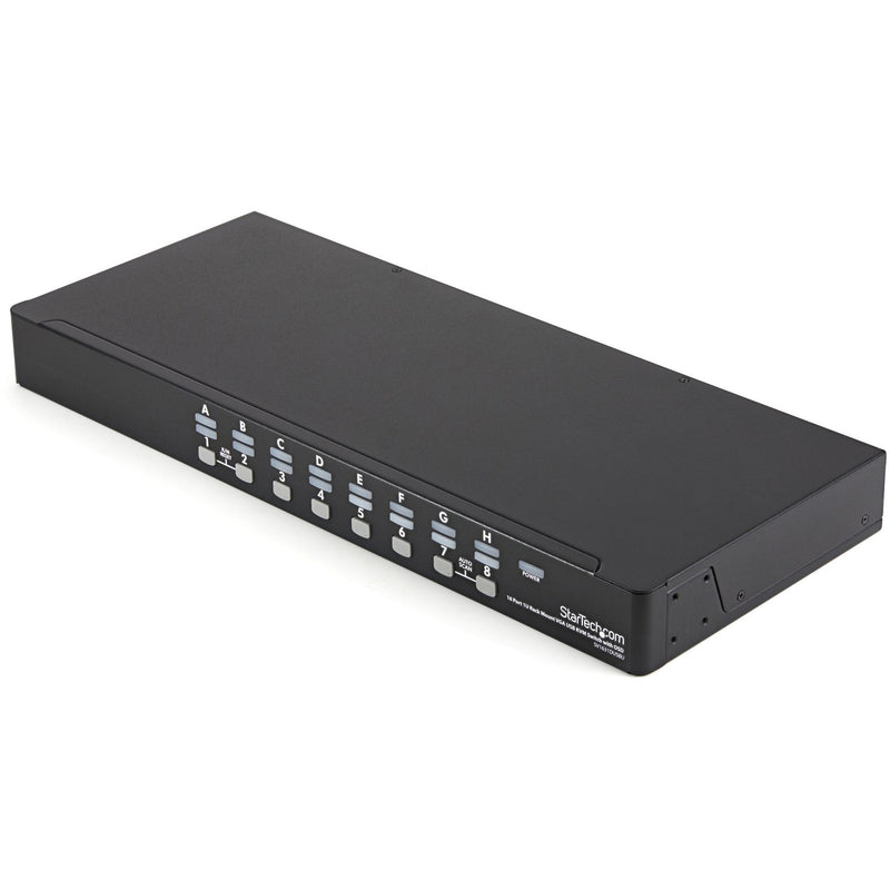 Front view of StarTech.com 16-port KVM switch showing labeled port selection buttons