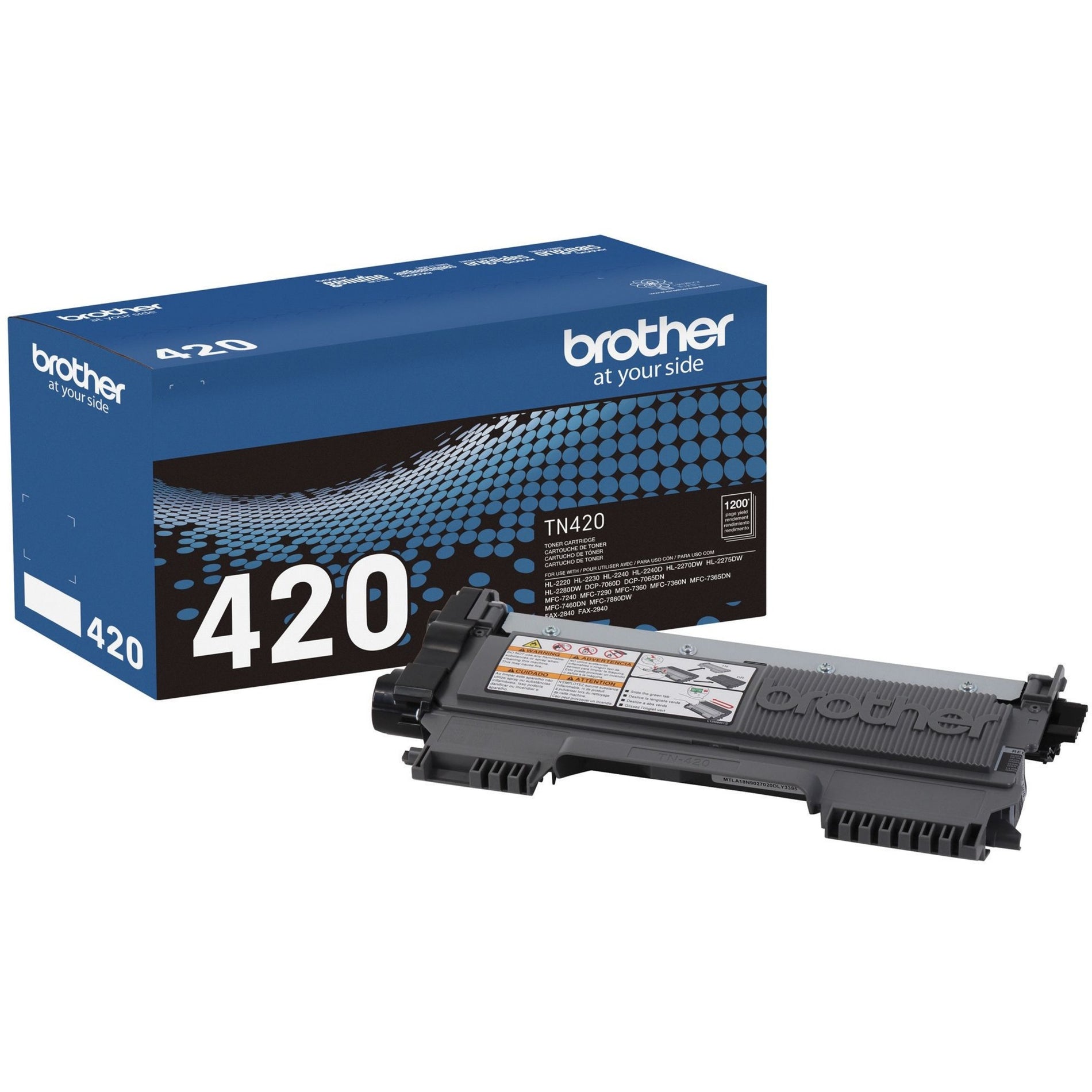 Brother TN420 black toner cartridge and retail packaging showing product details-alternate-image1