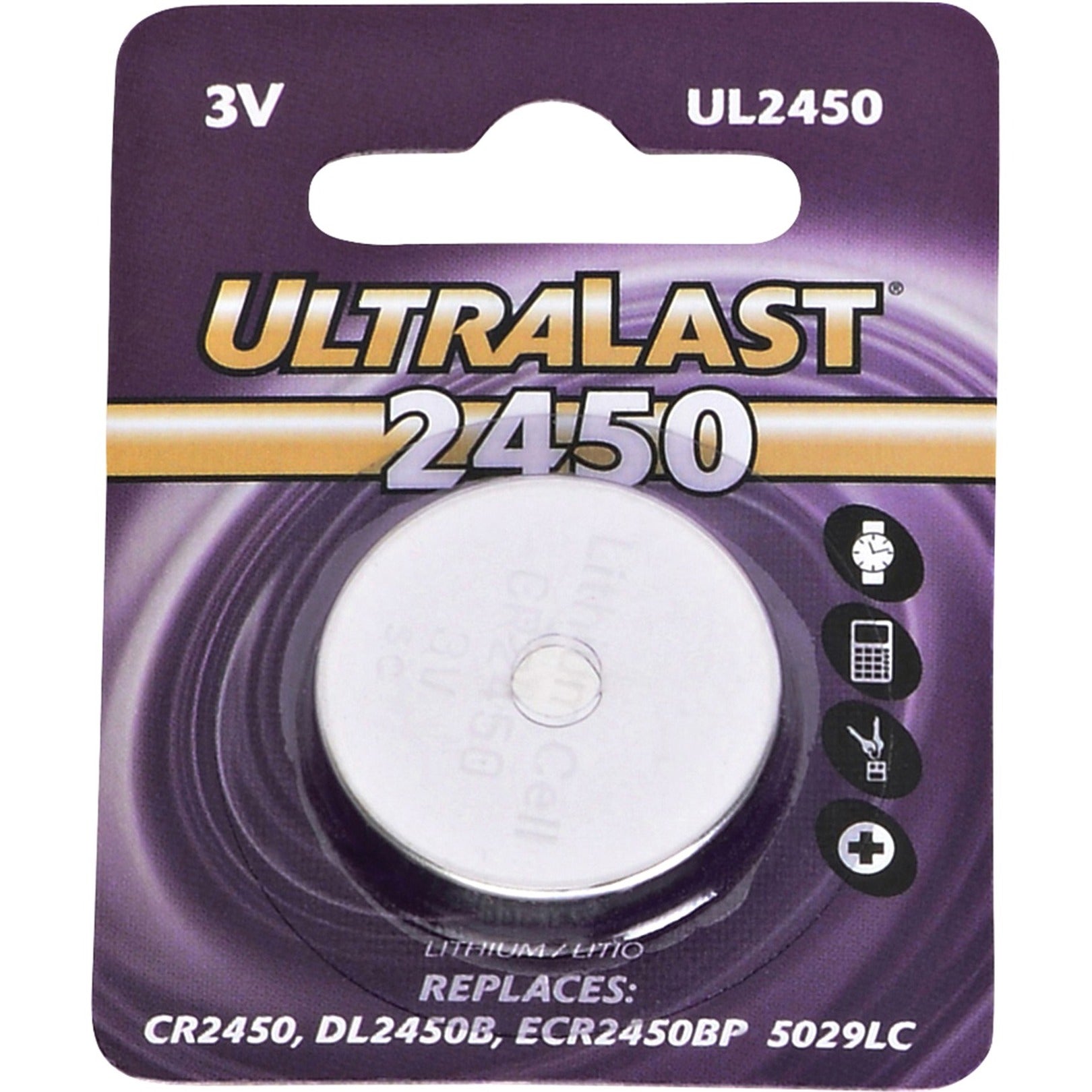 UltraLast 2450 3V lithium button cell battery in retail packaging with compatibility icons for watches and calculators-alternate-image1