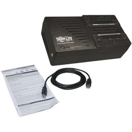 Tripp Lite AVR700U UPS package contents including UPS unit, USB cable, and documentation