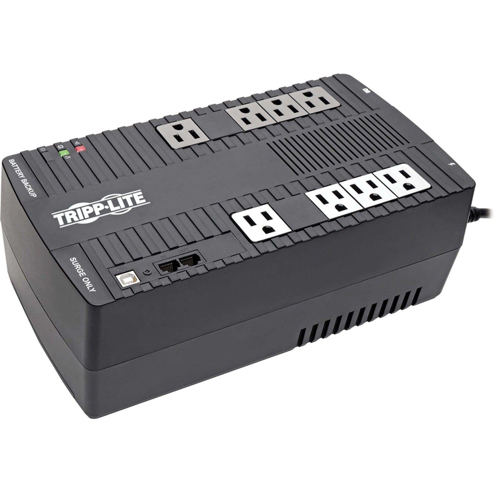 Front view of Tripp Lite AVR700U UPS showing eight outlets and LED indicators-alternate-image1