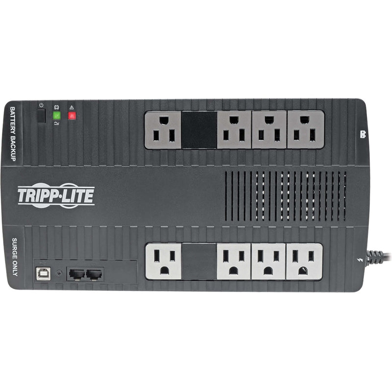 Top view of Tripp Lite AVR700U UPS showing outlet arrangement and communication ports