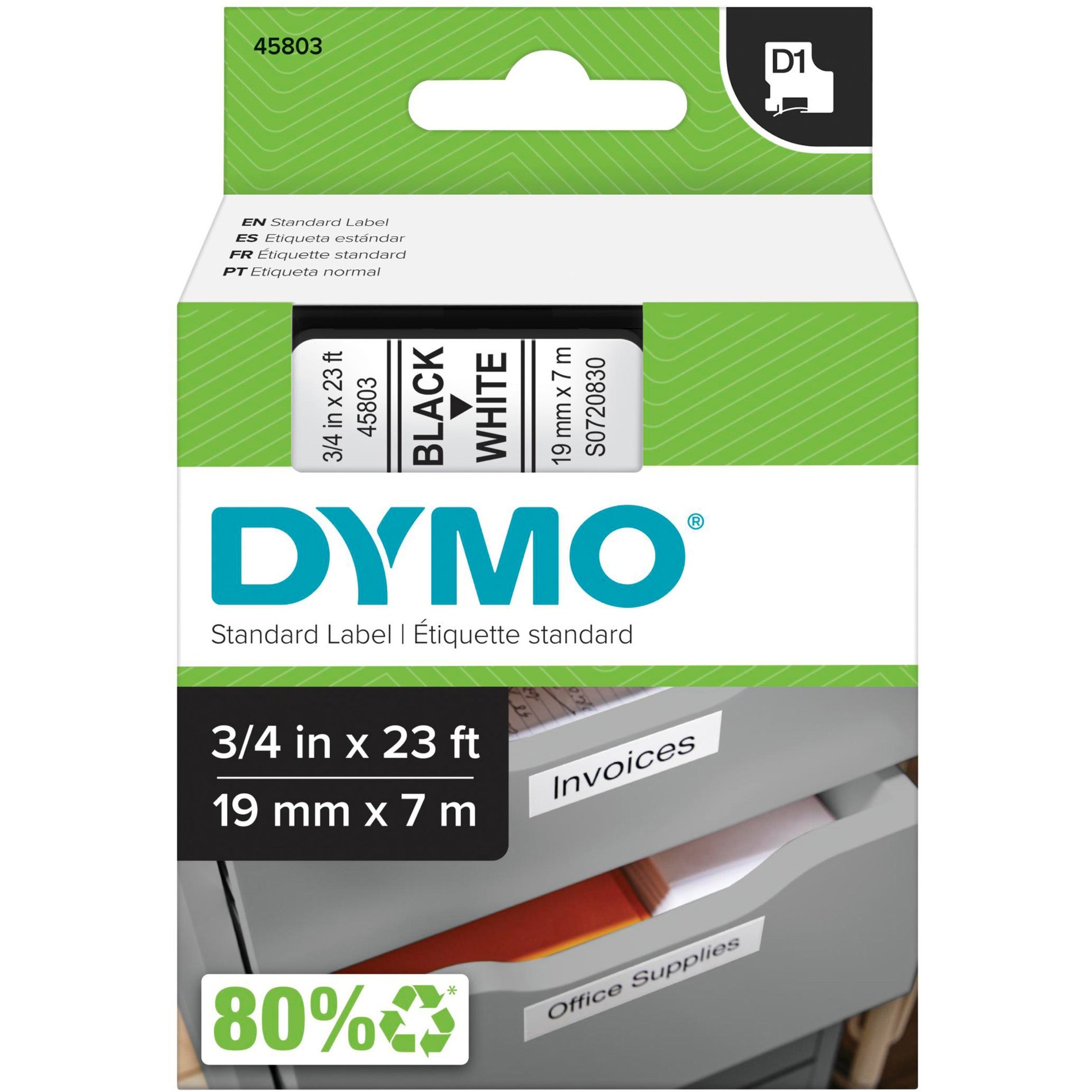 Cinta Electrónica Dymo 45803 D1 Tamaño 3/4"x23' Negro/Blanco