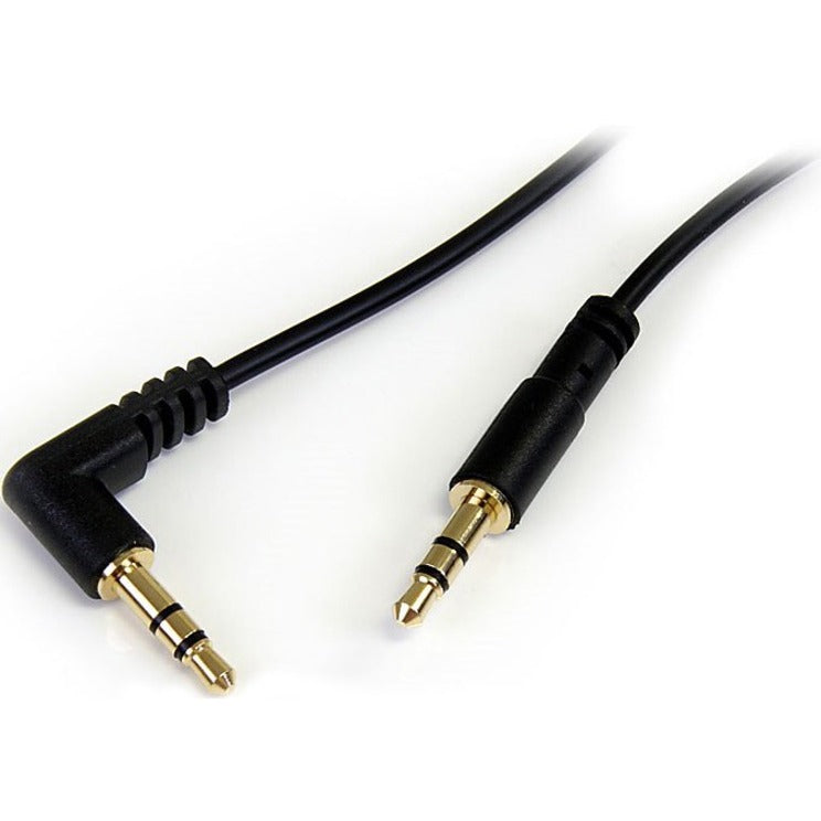 Close-up of StarTech.com 3.5mm audio cable showing right angle and straight gold-plated connectors