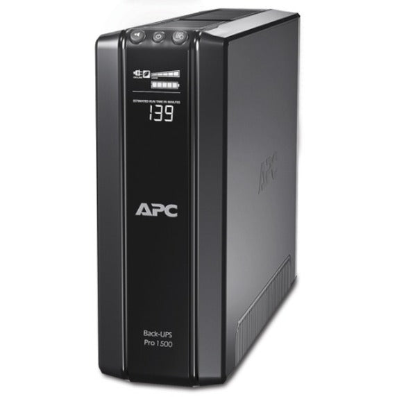 Front view of APC BR1500GI UPS showing LCD display panel and status indicators