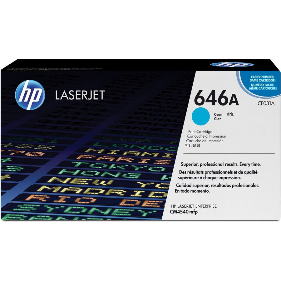 HP CF031A 646A Original Cyan Toner Cartridge in retail packaging showing product specifications and compatibility information-alternate-image1