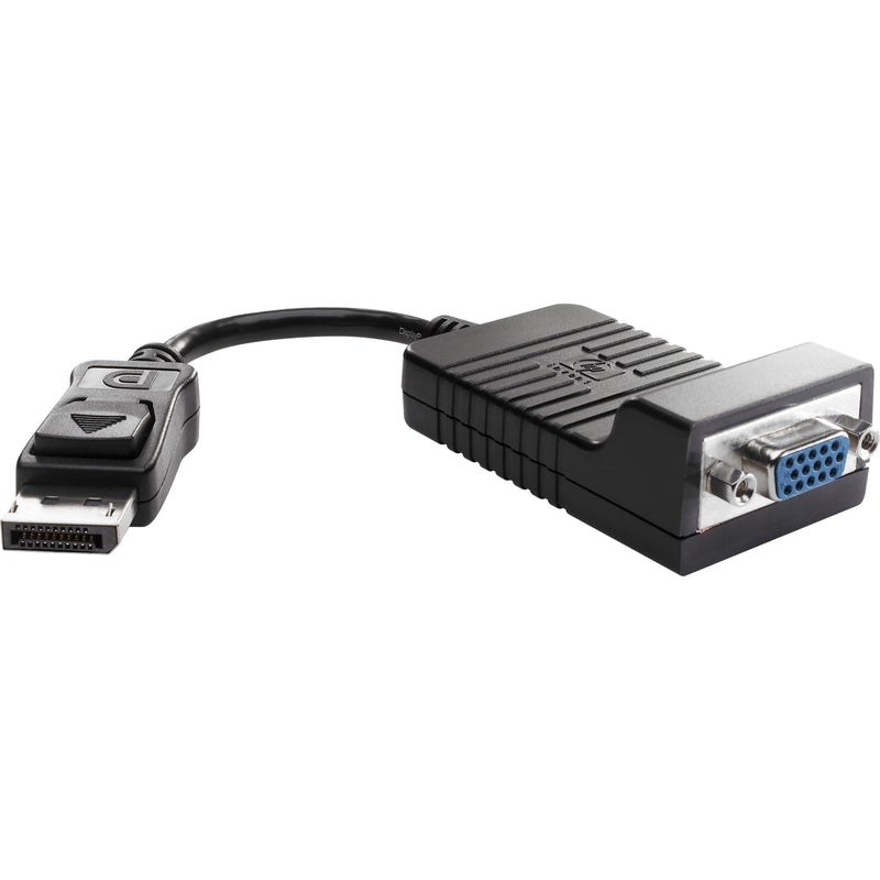 HP DisplayPort to VGA adapter showing black cable with DisplayPort male connector on one end and blue VGA female connector on the other