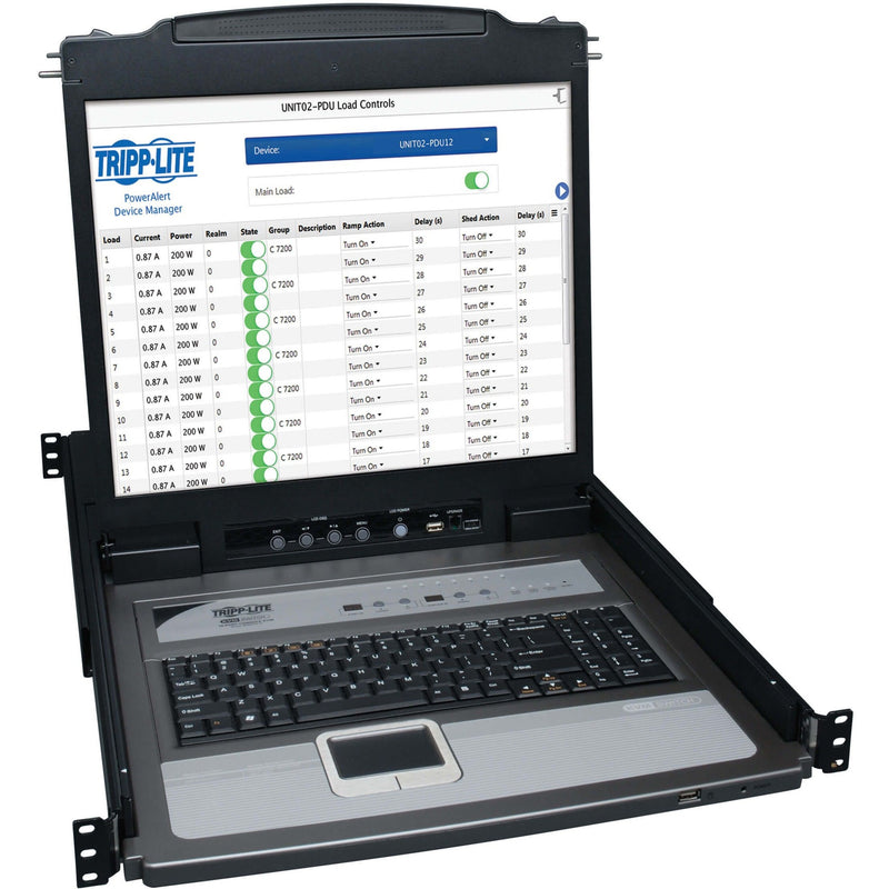 Tripp Lite NetDirector KVM console showing PowerAlert Device Manager interface with power load controls and keyboard