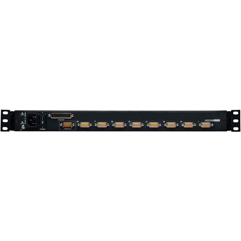 Rear view of Tripp Lite NetDirector KVM switch showing eight serial ports and power connection