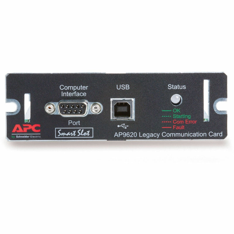 Front view of APC AP9620 Legacy Communications SmartSlot Card showing DB-9 serial port, USB interface, and status LED indicators