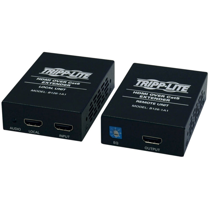 Tripp Lite B126-1A1 HDMI extender kit showing transmitter and receiver units with HDMI ports