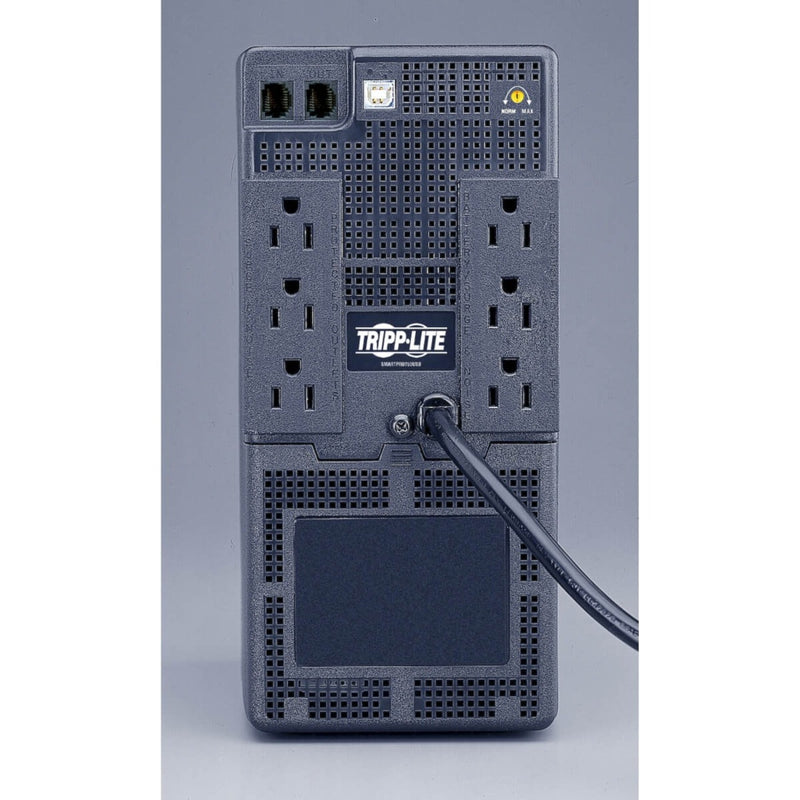 Rear view of Tripp Lite SMART750USB UPS showing six power outlets, USB port, and network protection ports