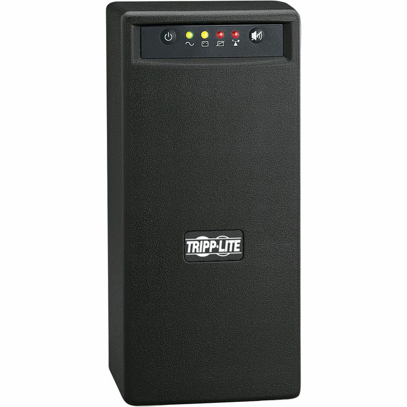 Front view of Tripp Lite SMART750USB UPS showing LED status display panel with power, voltage regulation, battery, and alarm indicators