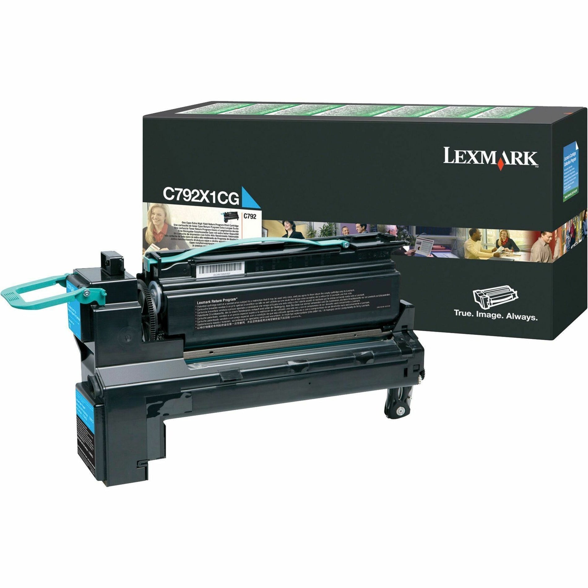 Lexmark C792X1CG cyan toner cartridge with product packaging and cartridge unit display-alternate-image1