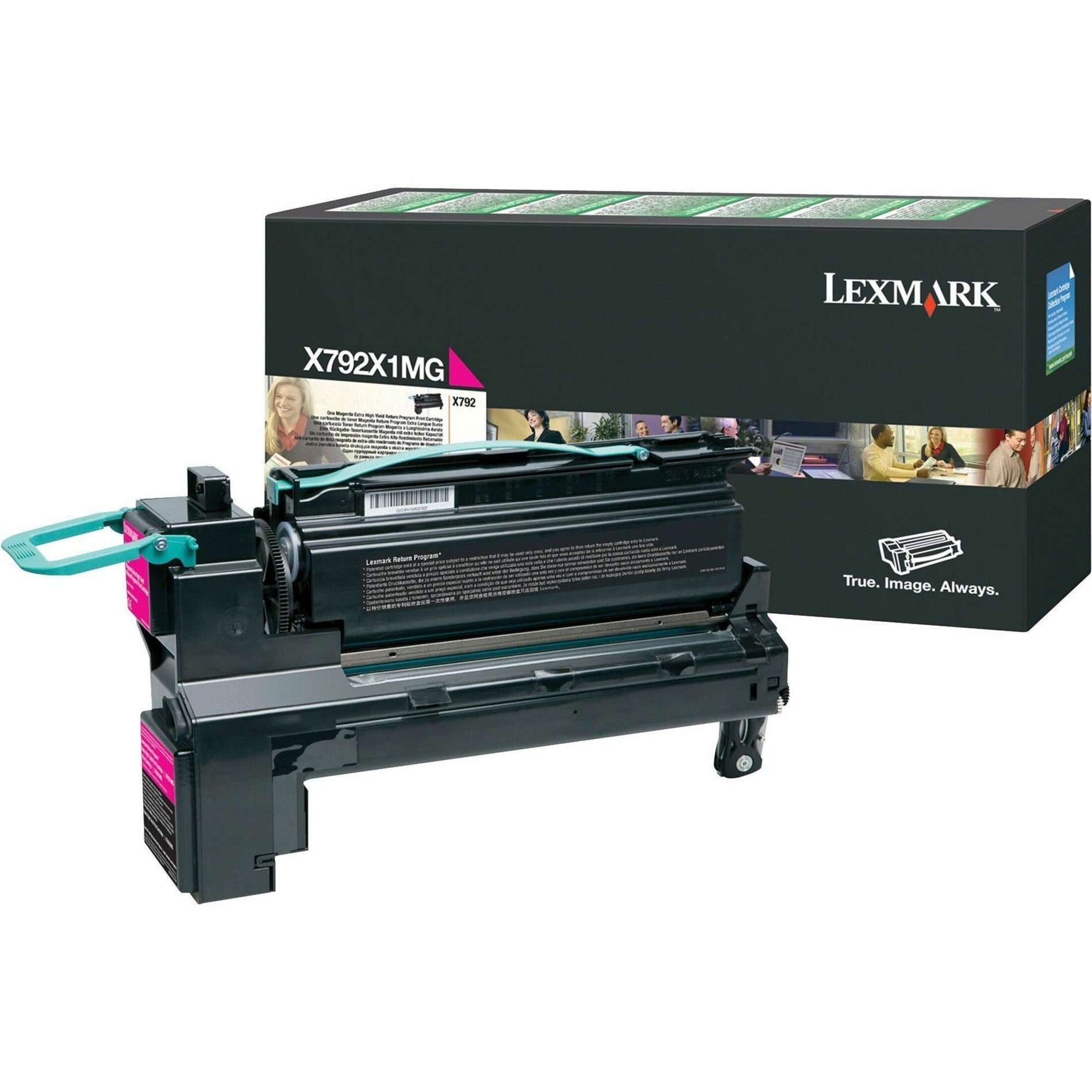 Lexmark X792X1MG magenta toner cartridge with packaging showing product details and printer compatibility-alternate-image1