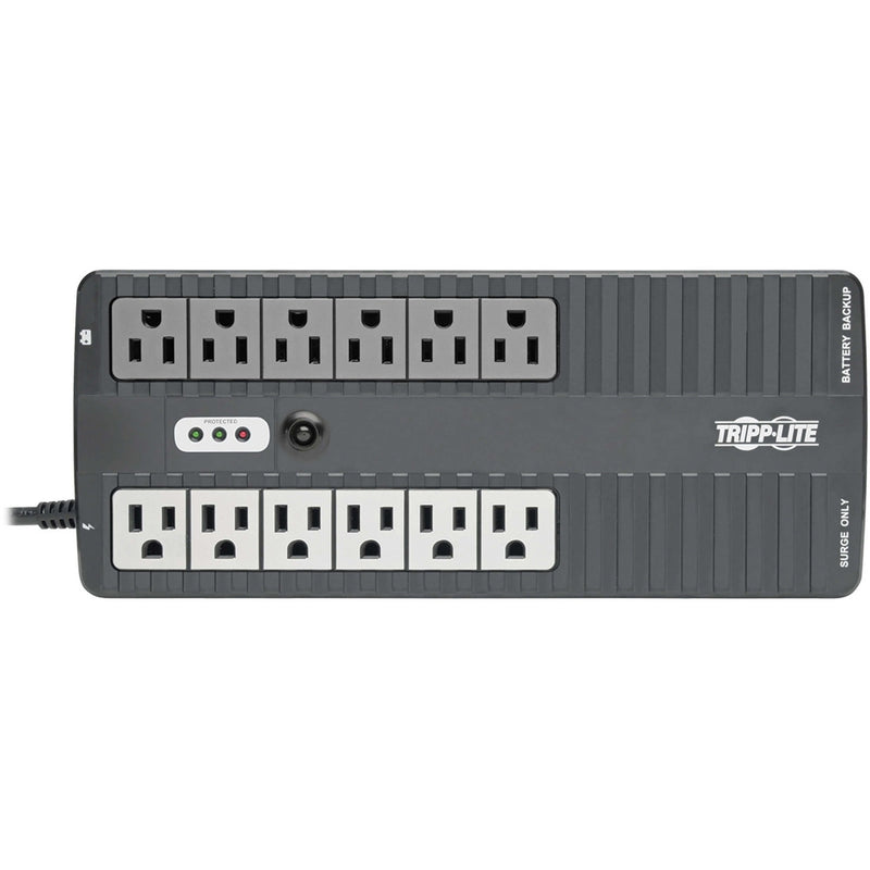 Top view of Tripp Lite INTERNET750U UPS showing dual power zones and LED indicators