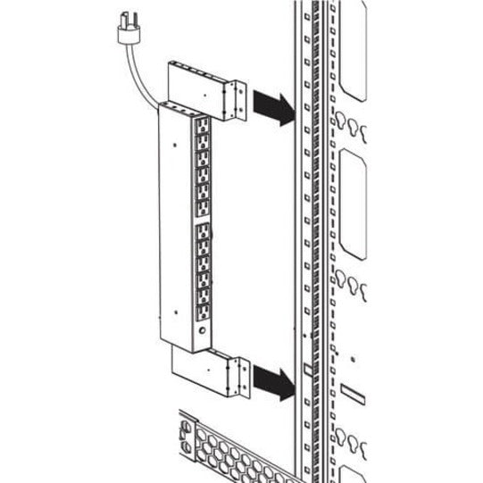 Schematic drawing demonstrating bolt-mount installation process for PDU bracket