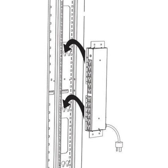 Technical diagram showing button-mount installation method for PDU bracket on rack rails