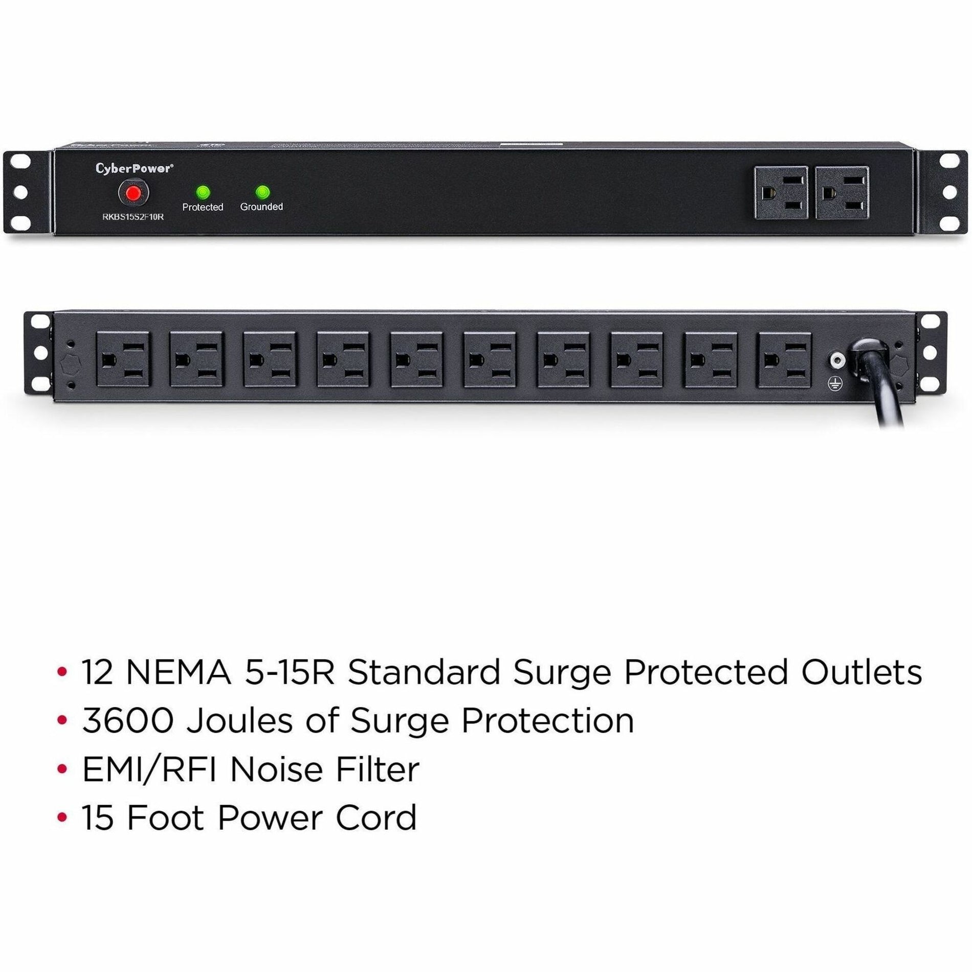 Front and rear view of CyberPower Rackbar showing all 12 outlets and specifications-alternate-image2