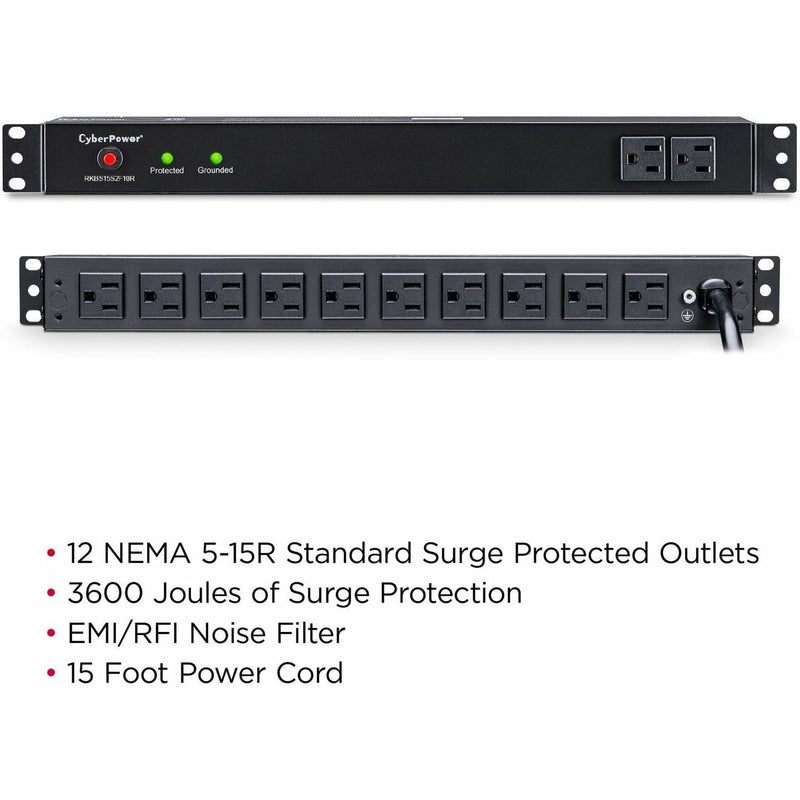 Front and rear view of CyberPower Rackbar showing all 12 outlets and specifications