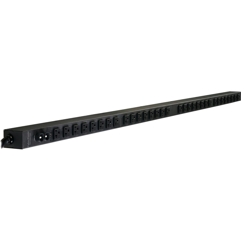 Angled view of CyberPower PDU30BVT32F showing power input connection and multiple outlets