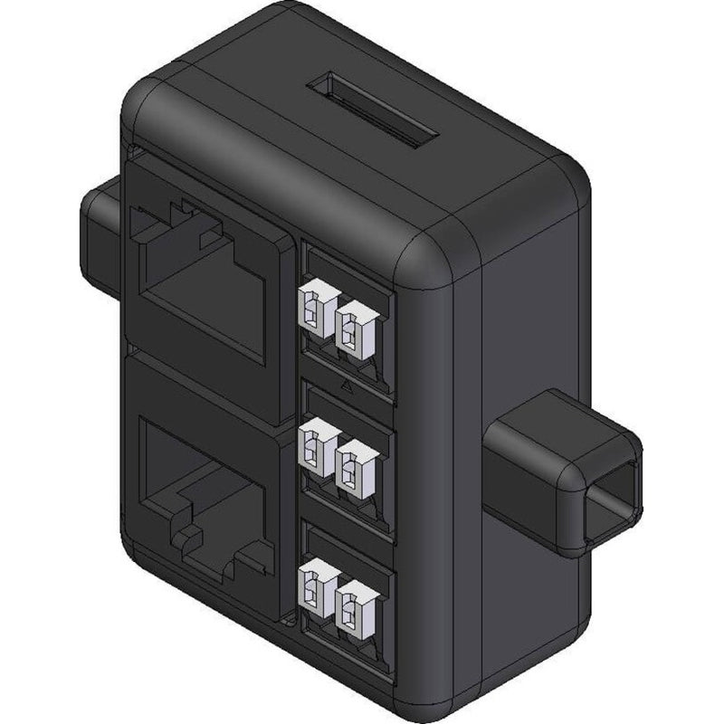 3D technical illustration of the Vertiv SN-3C monitoring sensor showing three dry contact inputs and connection ports in a compact black housing