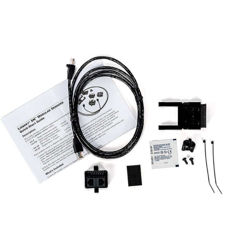 Complete installation kit for Liebert SN-T temperature sensor including cables, mounting hardware, and documentation