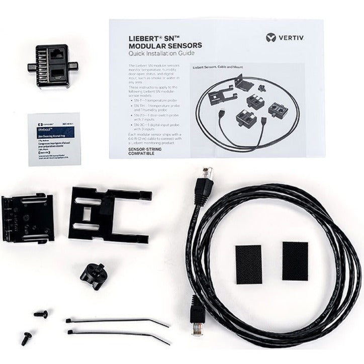 Complete component layout of Liebert SN-TH sensor kit including mounting hardware, cables, and installation guide