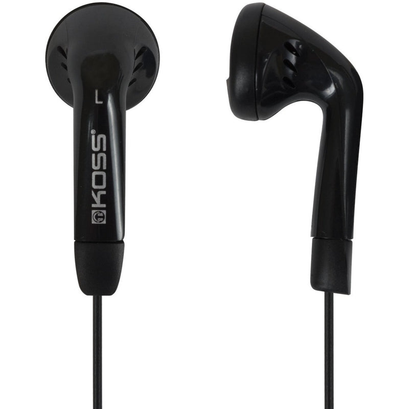 Black Koss KE5K earbuds showing ergonomic design with contoured eartips and branded stem