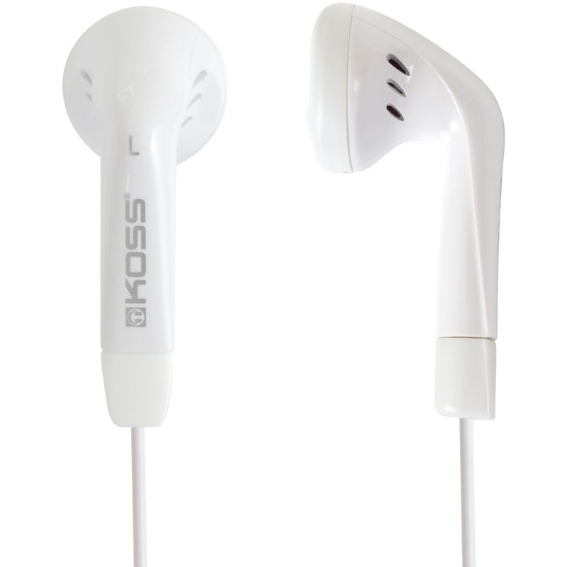 White Koss KE5W earbuds showing ergonomic design with angled sound ports and sleek contoured housing