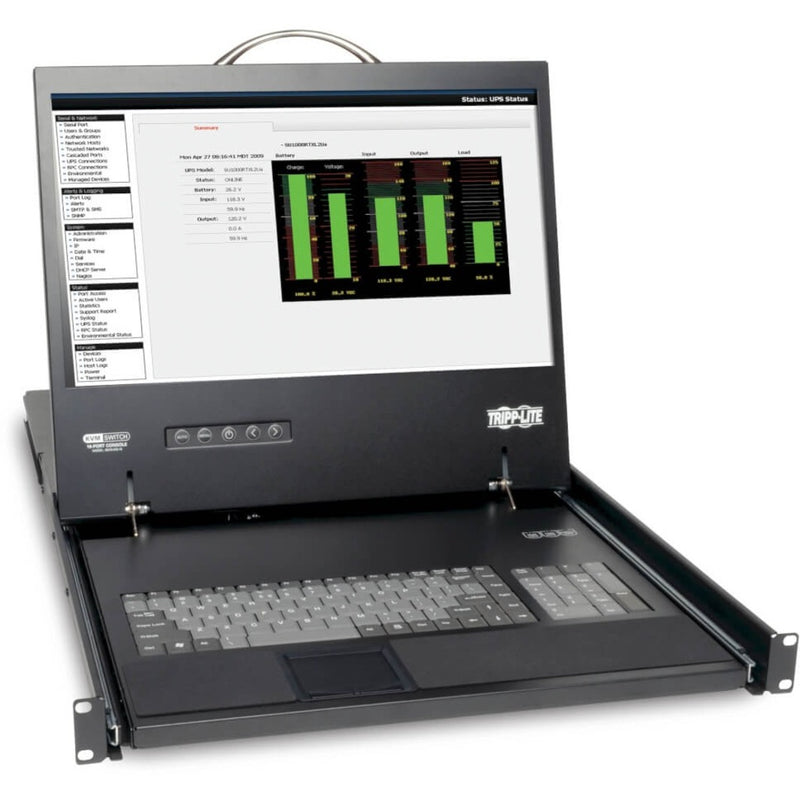 Tripp Lite rackmount LCD console showing system monitoring interface with performance graphs on 19-inch screen