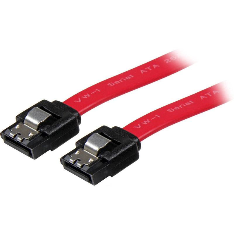 Red SATA cable with black latching connectors showing both ends of the 8-inch data transfer cable