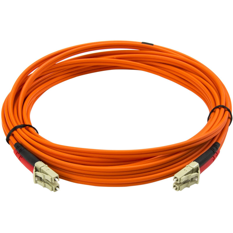 Full length view of 5-meter orange multimode fiber patch cable with LC connectors