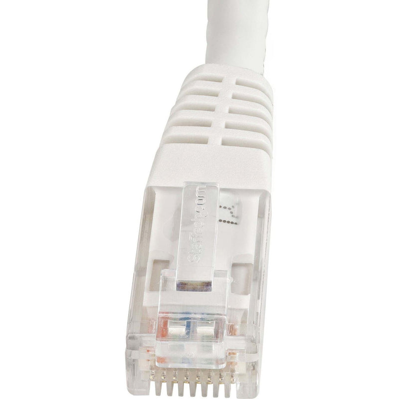 Detailed view of white Cat6 cable strain relief boot and RJ45 connector construction