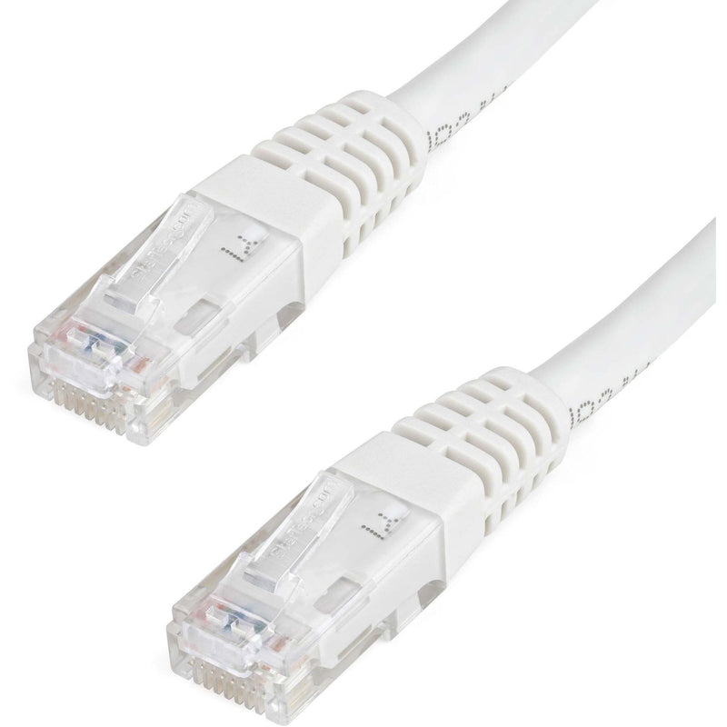 Close-up view of white Cat6 ethernet cable with gold-plated RJ45 connectors and strain relief boot