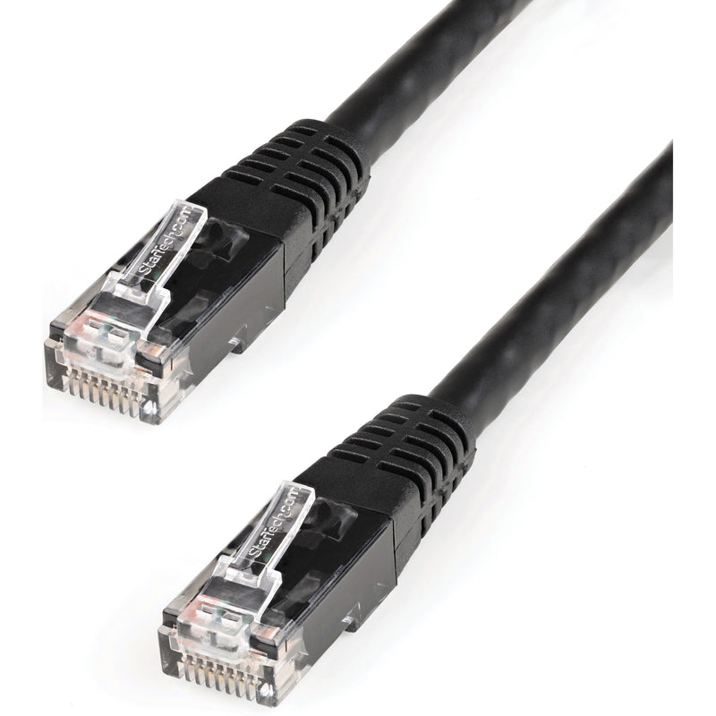 Close-up view of StarTech.com Cat6 cable RJ45 connectors showing gold-plated contacts and transparent housing