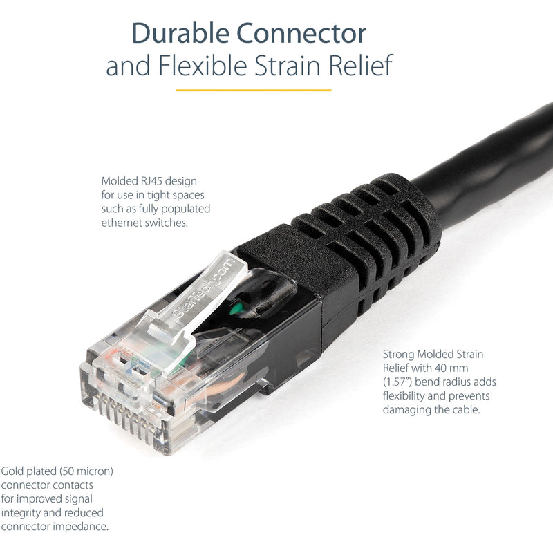 Close-up of Cat6 cable connector showing strain relief features and molded design